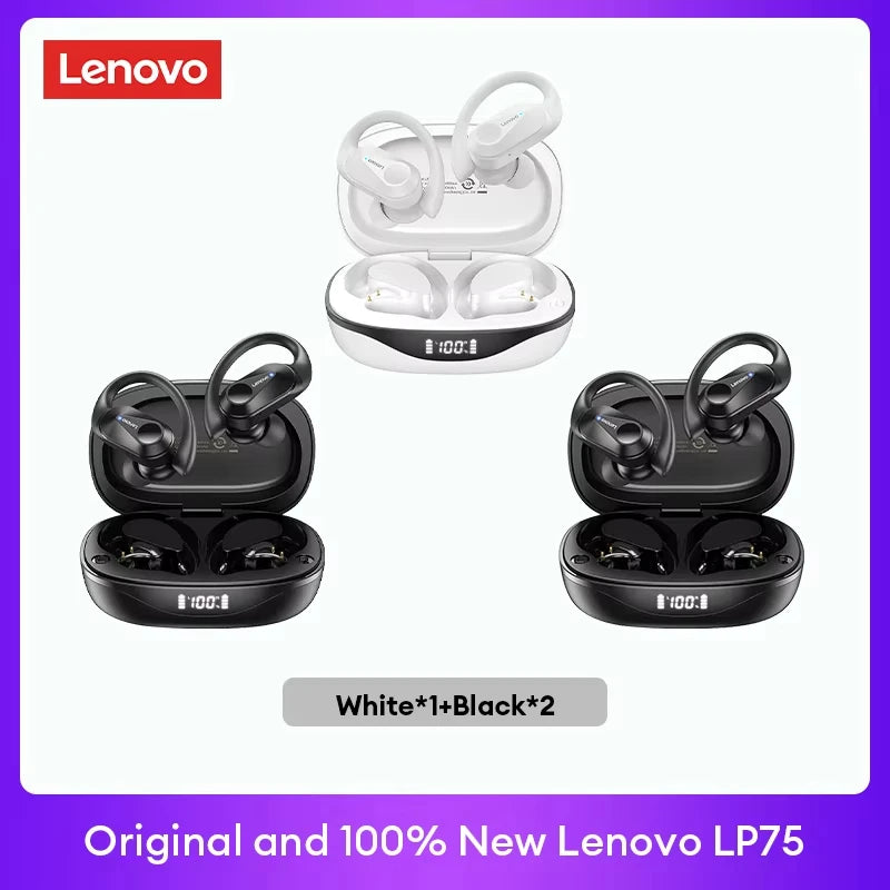 Lenovo LP75 TWS Bluetooth 5.3 Earbuds - LED Display, Noise Reduction, Waterproof