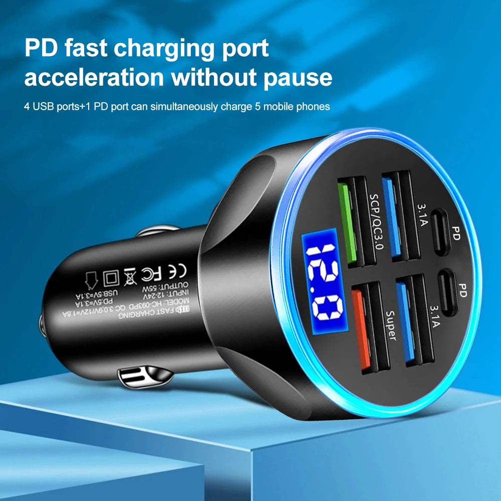 66-250W Multi-Port Car Charger - QC3.0 Fast Charge with Digital Display
