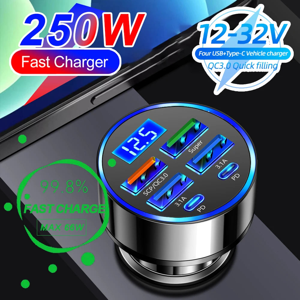 66-250W Multi-Port Car Charger - QC3.0 Fast Charge with Digital Display