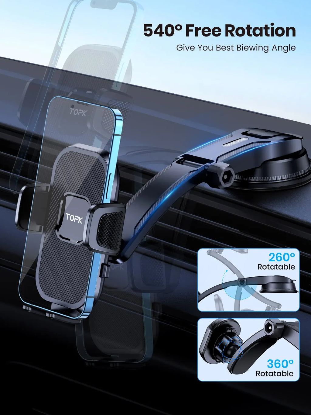 TOPK Gravity Car Phone Holder - Dashboard, Windshield & Air Vent Mount