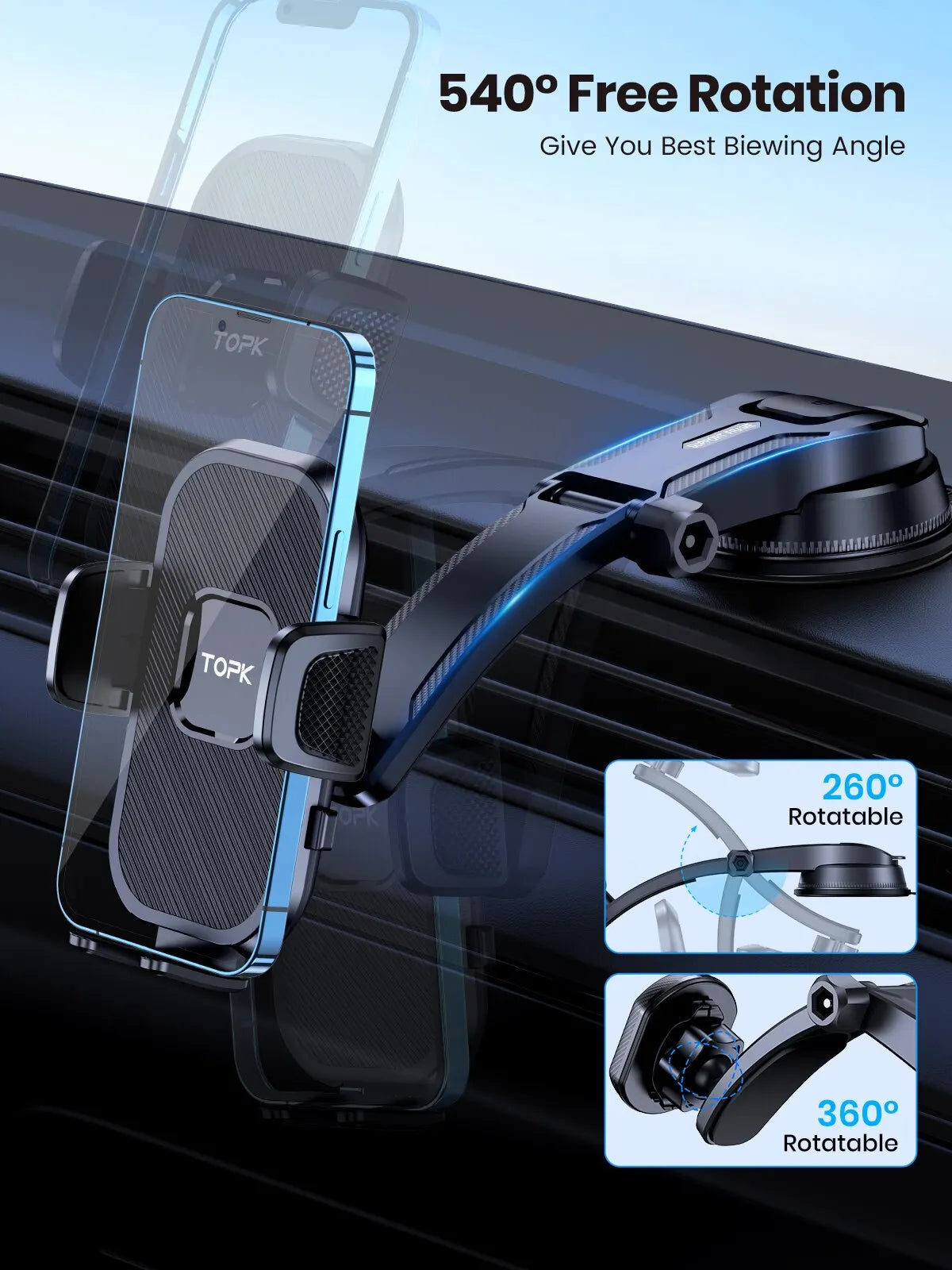 TOPK Gravity Car Phone Holder - Dashboard, Windshield & Air Vent Mount
