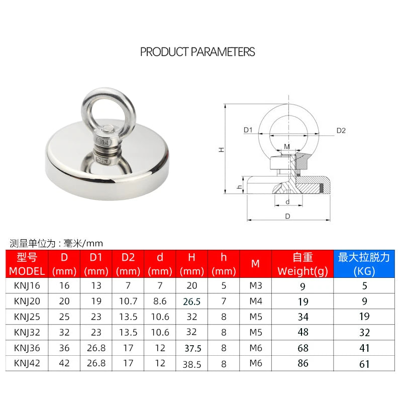 Neodymium Fishing Magnet - Heavy Duty Salvage Magnet with Rope & Eyebolt