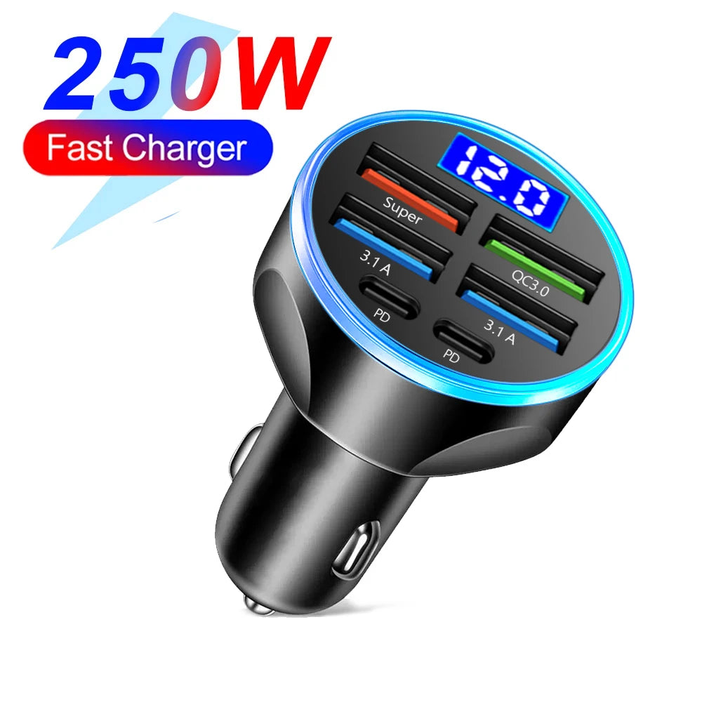 66-250W Multi-Port Car Charger - QC3.0 Fast Charge with Digital Display