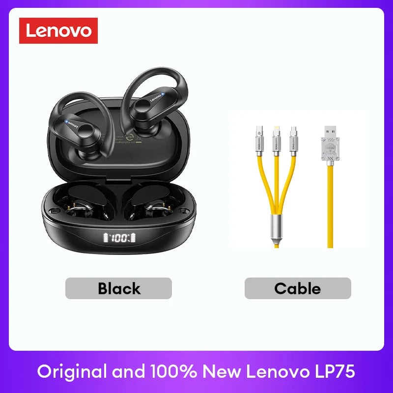 Lenovo LP75 TWS Bluetooth 5.3 Earbuds - LED Display, Noise Reduction, Waterproof