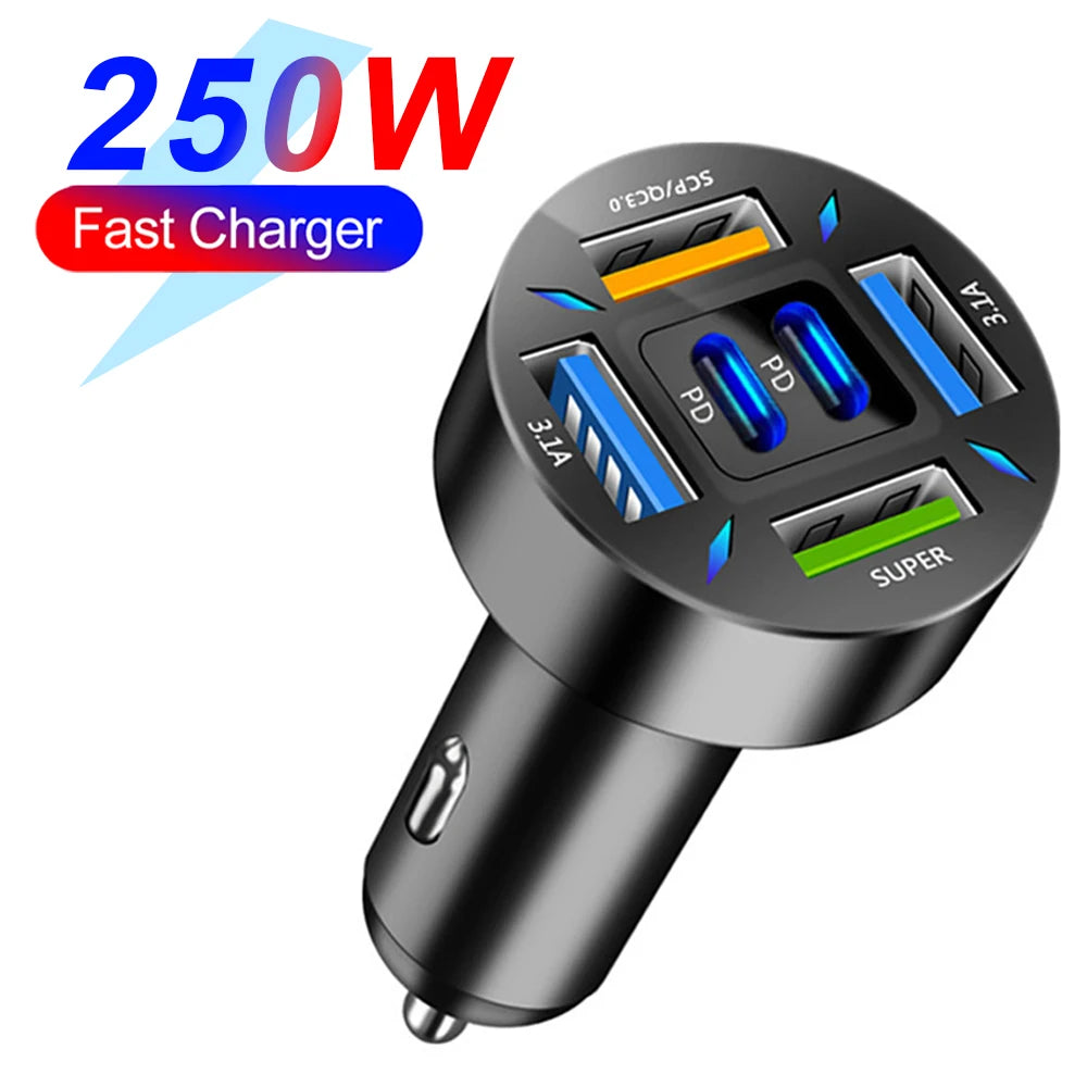 66-250W Multi-Port Car Charger - QC3.0 Fast Charge with Digital Display