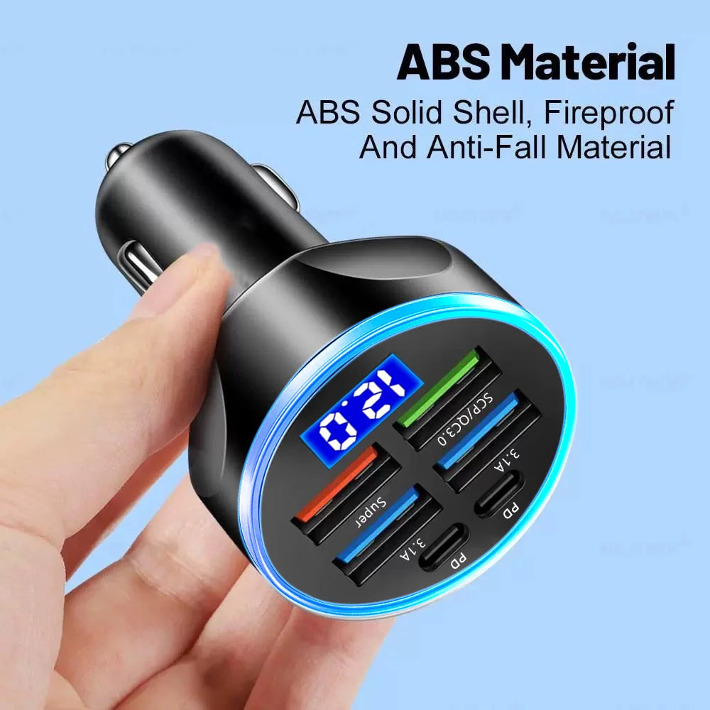 66-250W Multi-Port Car Charger - QC3.0 Fast Charge with Digital Display
