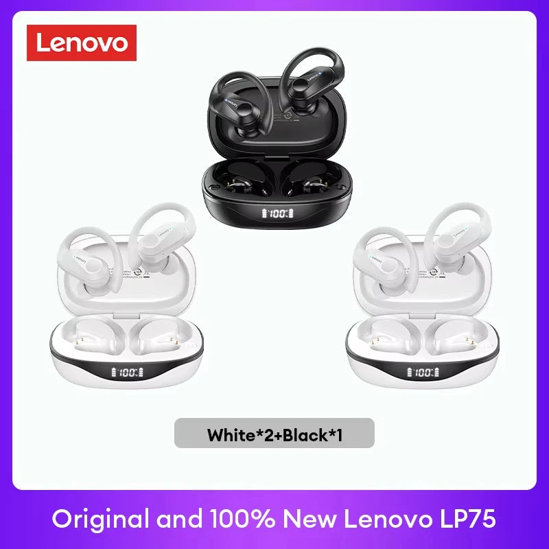Lenovo LP75 TWS Bluetooth 5.3 Earbuds - LED Display, Noise Reduction, Waterproof