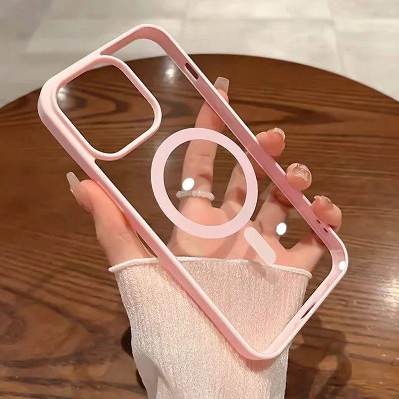 Pink Transparent Acrylic Case for iPhone - MagSafe Compatible Shockproof Cover
