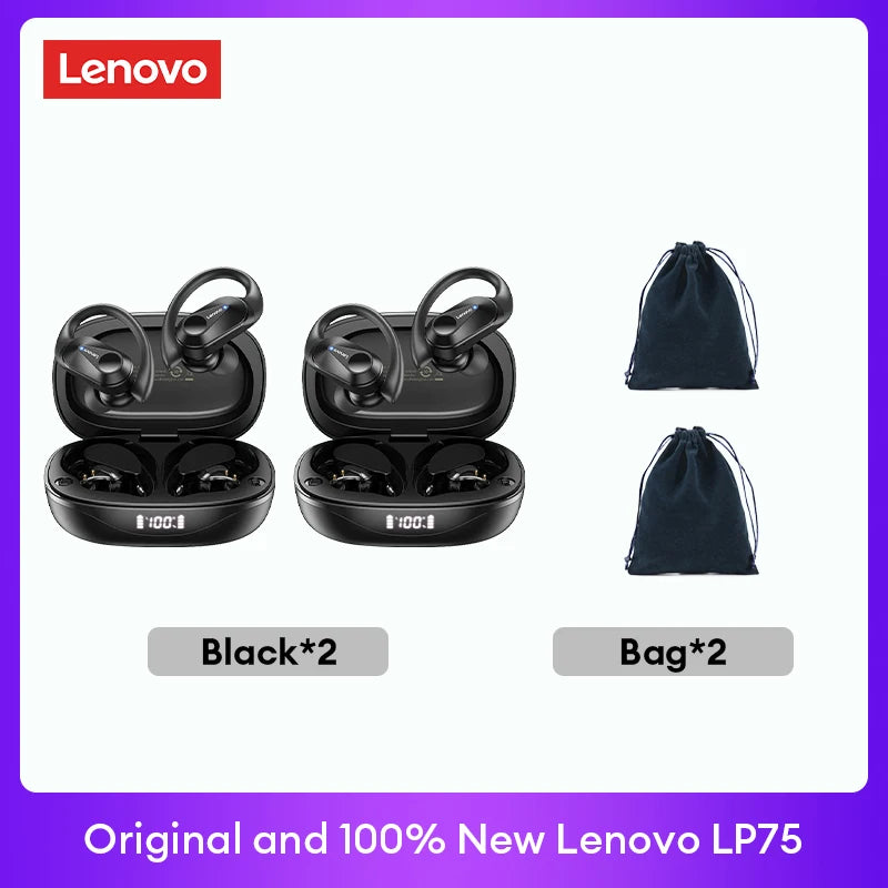 Lenovo LP75 TWS Bluetooth 5.3 Earbuds - LED Display, Noise Reduction, Waterproof