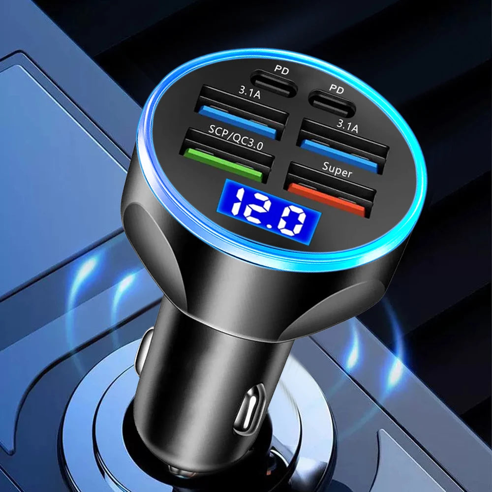 66-250W Multi-Port Car Charger - QC3.0 Fast Charge with Digital Display