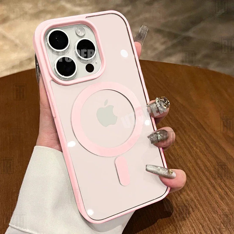Pink Transparent Acrylic Case for iPhone - MagSafe Compatible Shockproof Cover