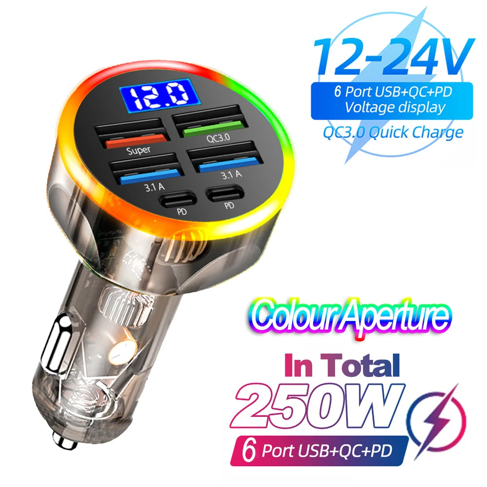 66-250W Multi-Port Car Charger - QC3.0 Fast Charge with Digital Display