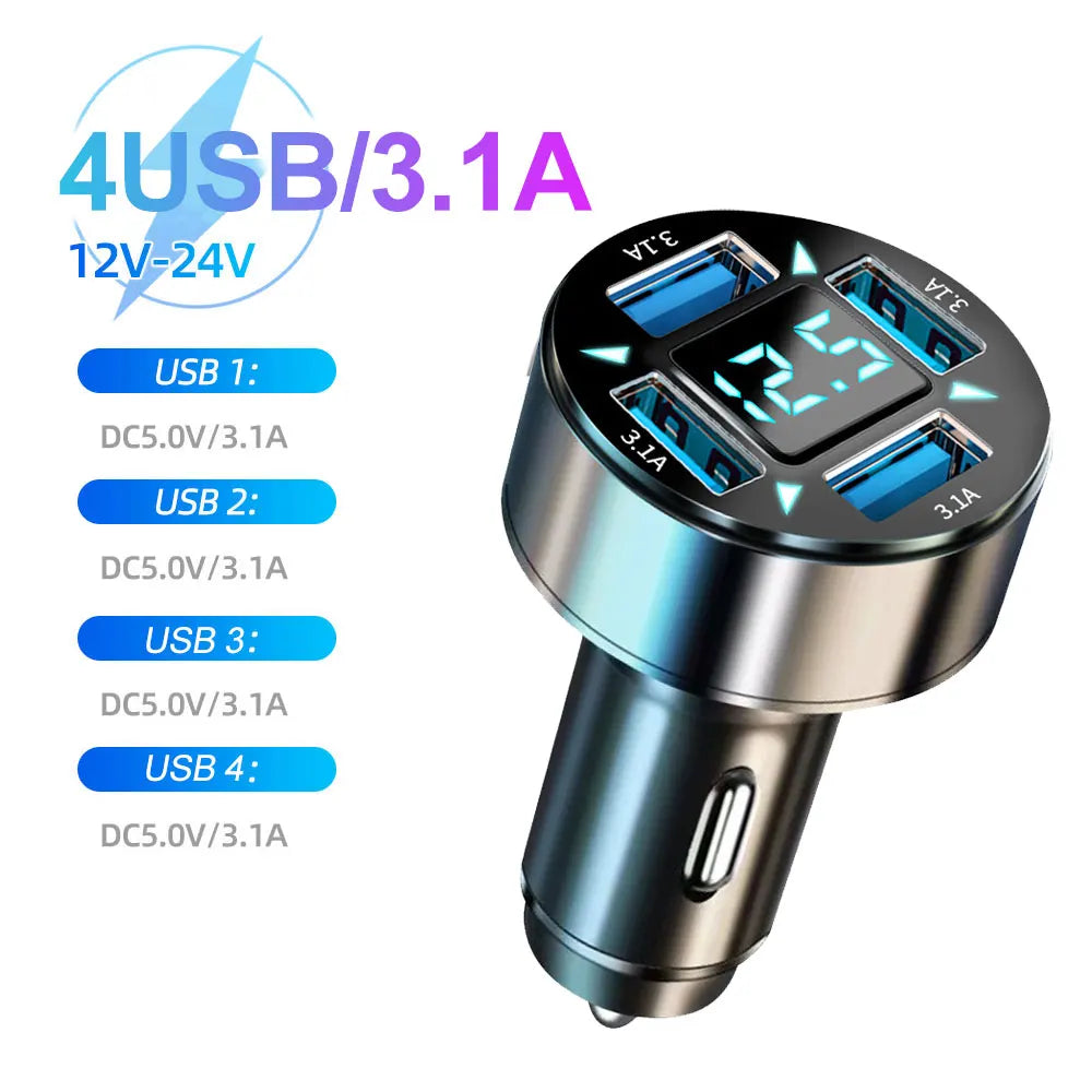 66-250W Multi-Port Car Charger - QC3.0 Fast Charge with Digital Display