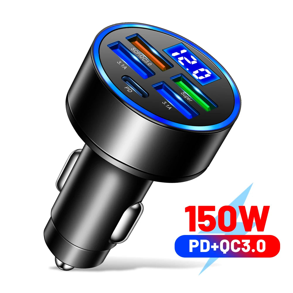 66-250W Multi-Port Car Charger - QC3.0 Fast Charge with Digital Display